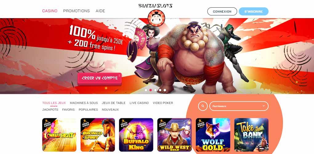 Banzai Casino interface principale avec jeux et bonus de bienvenue